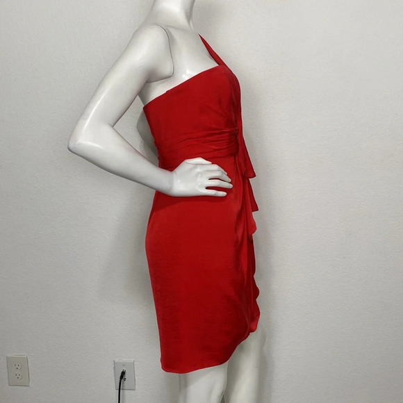 Bcbgmaxazria Jewel Red Satin Palais One Shoulder W/Pleated Bow Mini Dress Size 8 - Picture 7 of 9